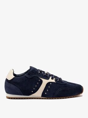 Larroude Navy Suede Sneakers with Cream Accent